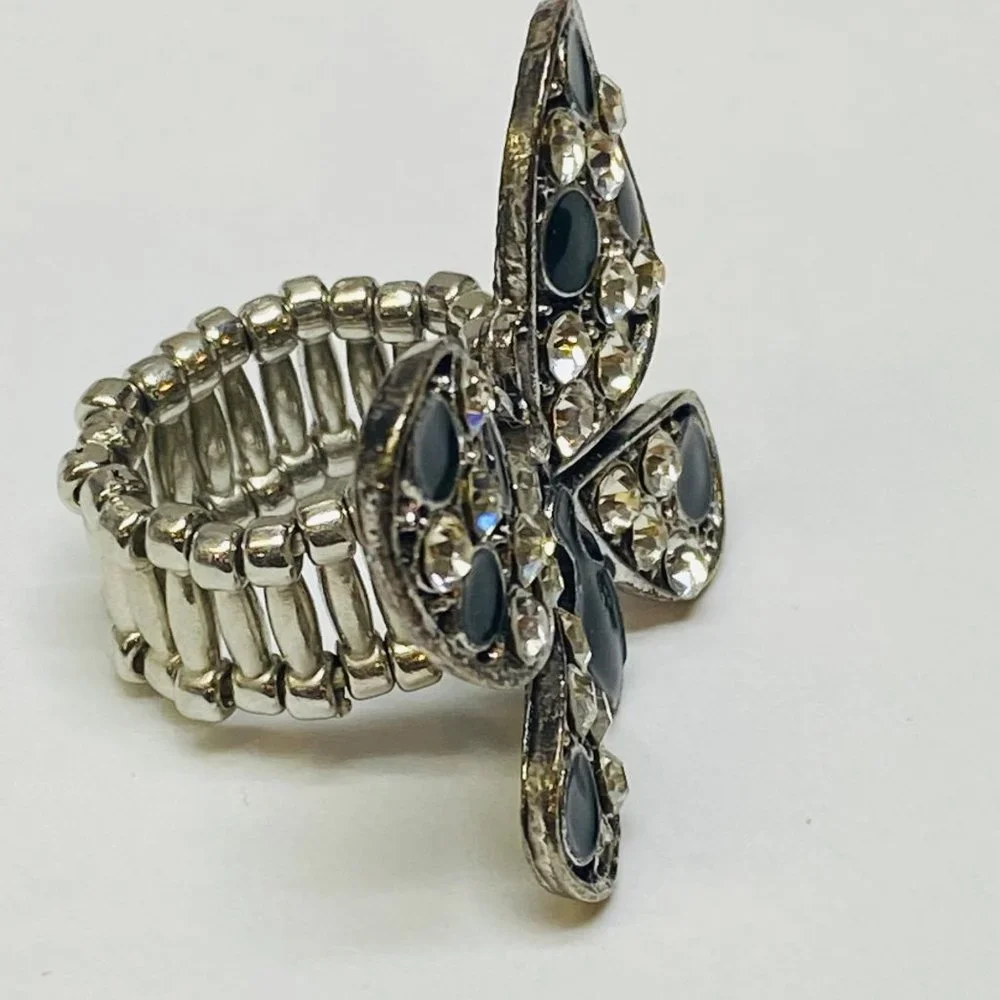 Ring Stretch Butterfly Shape Women Rhinestone Accents Enamel Silver Color Metal - Picture 14 of 16